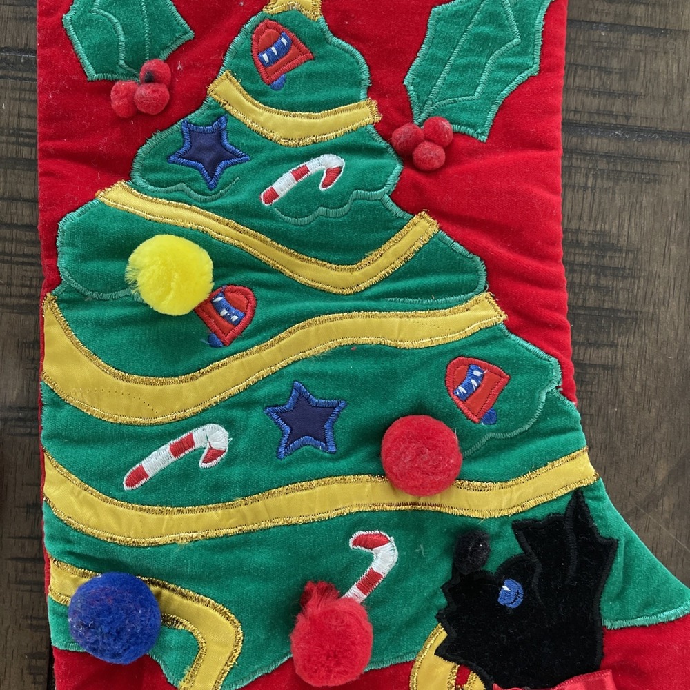 2 VTG Scottie Dog Red Velvet Black Christmas Tree Stockings Cute - Picture 5 of 8